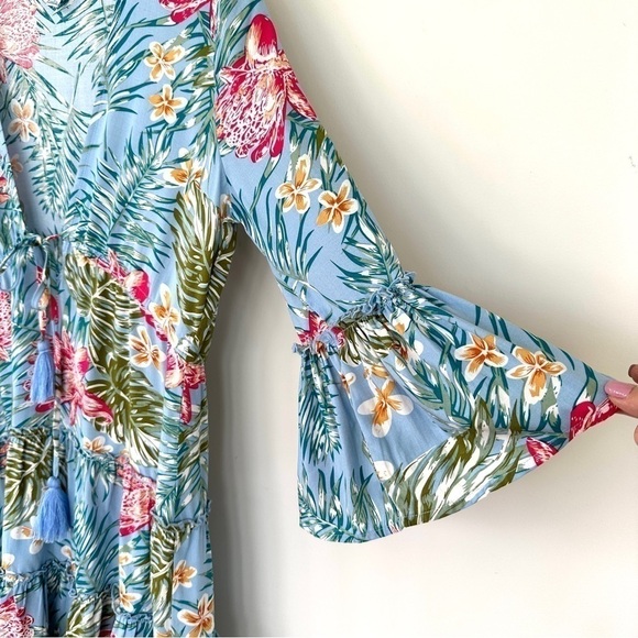 Blue  Island swim coverup or beach dress, 3/4 length sleeves, ruffled - Picture 4 of 11